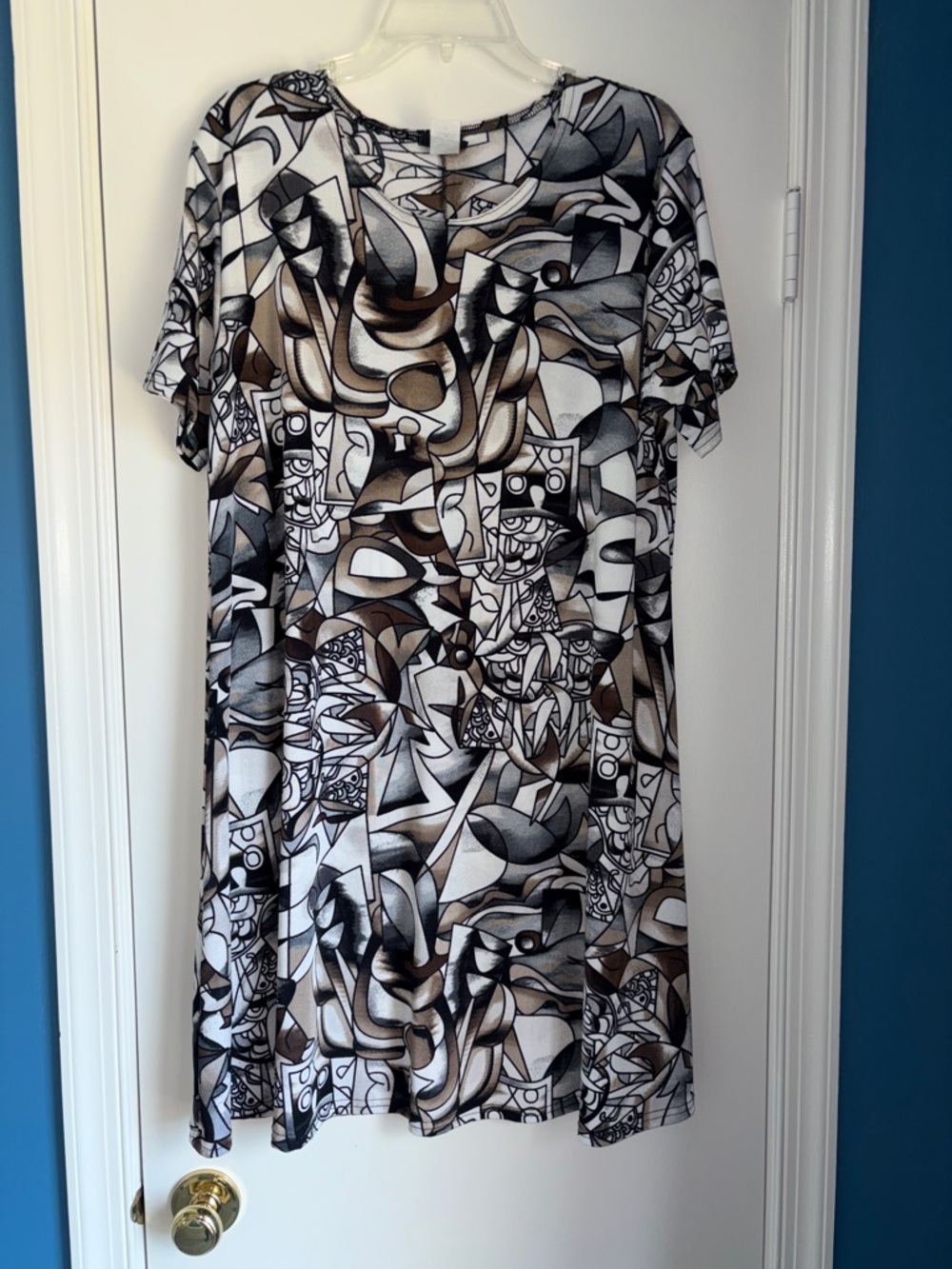 Abstract Geo Print Short-Sleeve Midi Dress - Brown/Black/White